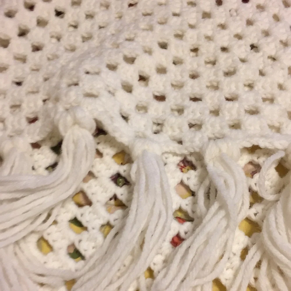 Vintage Handmade Crocheted White Shawl w/ Fringe - Picture 9 of 12